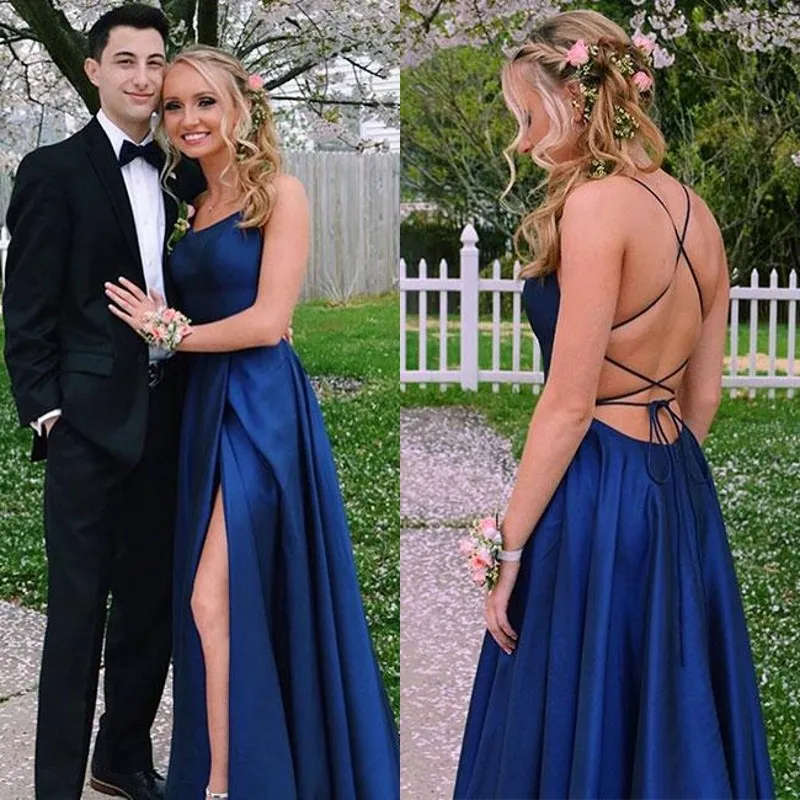 Cheap Stunning Long Prom Dresses Spaghetti Straps Sexy Criss Cross Open Back Evening Party Gowns Formal Dress High Split Custom Made