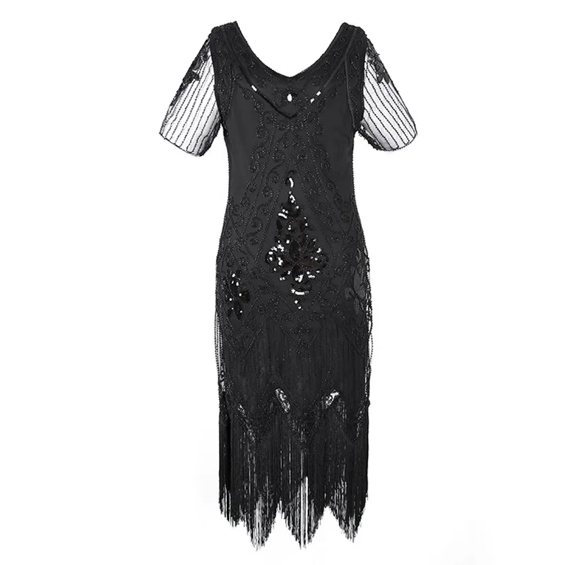 New Fashion Girls Retro Tassel Women`s 1920s Dress Sequin Art Deco Flapper Dress Short Sleeve Slim Pencil Dress