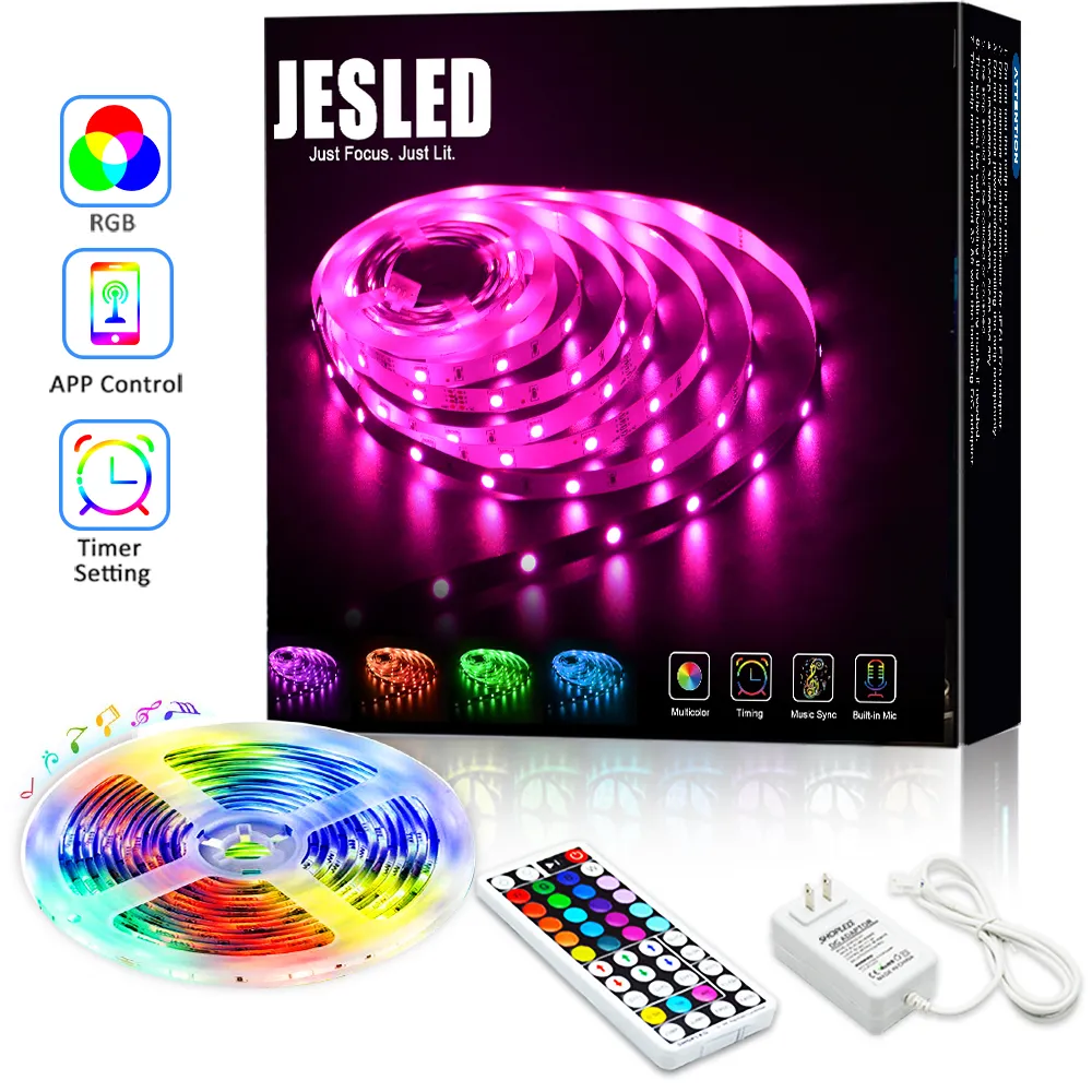 5050 RGB 와이파이 컨트롤러 LED 스트립 라이트 5m 10m 30led / M 네온 유연한 테이프 리본 스트립 블루투스 음악 제어 24V 전원 어댑터