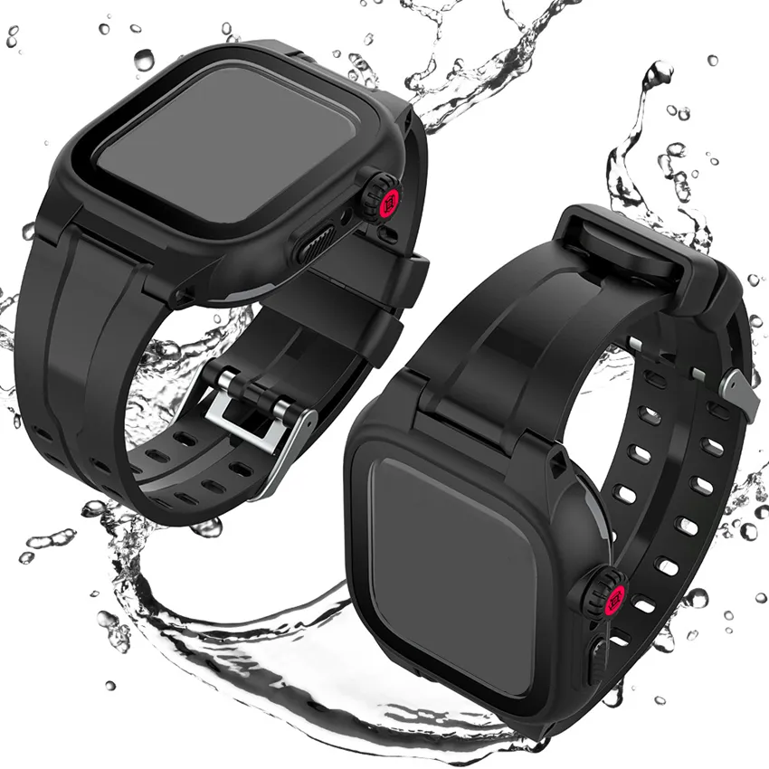 Sportwatchands met schermbeschermer Waterdichte hoes voor Apple Watch Case Series 5 4 3 met siliconen bandriem voor iWatch 44mm 42mm zwart