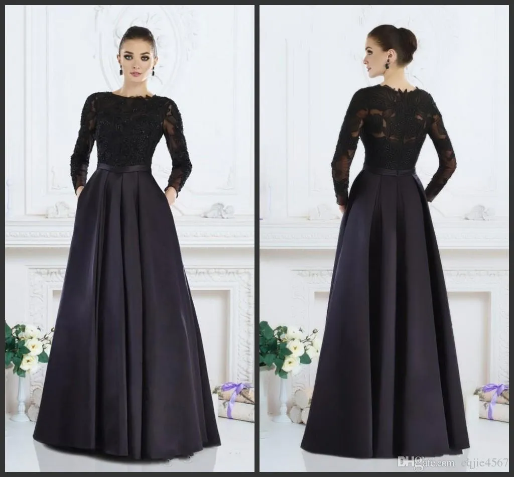 Nuovo abito formale nero 2020 A-Line gioiello a maniche lunghe in pizzo con perline Abiti per la madre della sposa Abiti da sera per le donne Custom Made 573