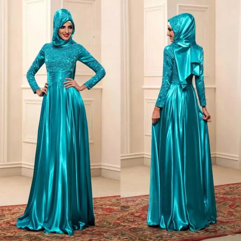2018 Modest Alta Pescoço Longo Vestidos Evening Muçulmano com Hijab Uma Linha de Comprimento Esmeralda Frisada Lace e Estiramento Cetim Árabe Vestidos de Baile