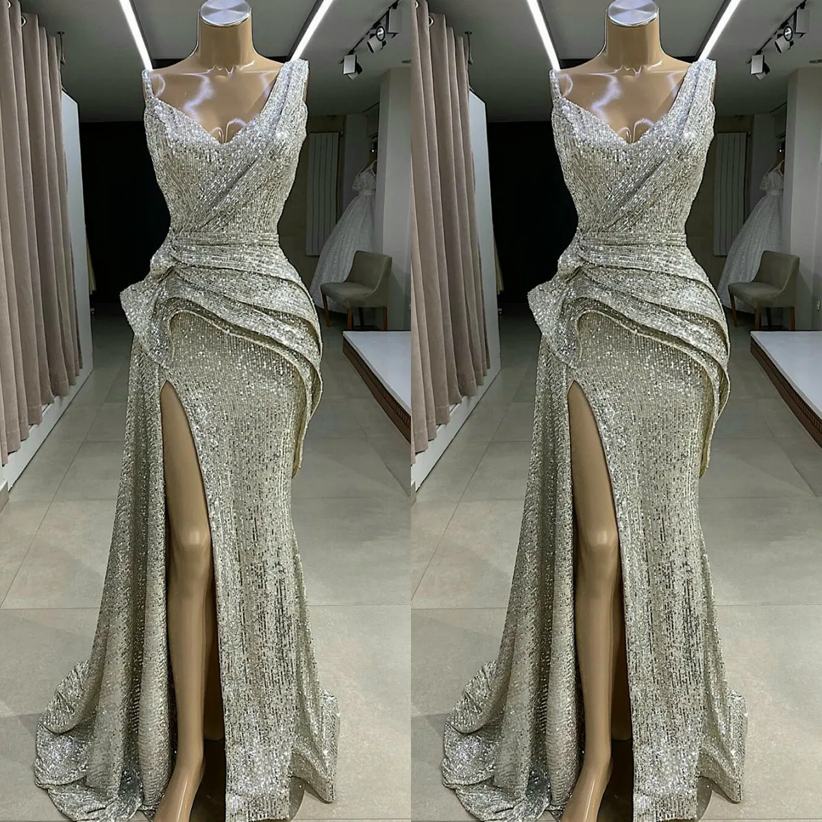 Sparkly 2020 Silver Sequined Mermaid Prom Dresses V Neck Side Split Evening Gowns Sweep Train Cheap Party Dress Vestido de fiesta