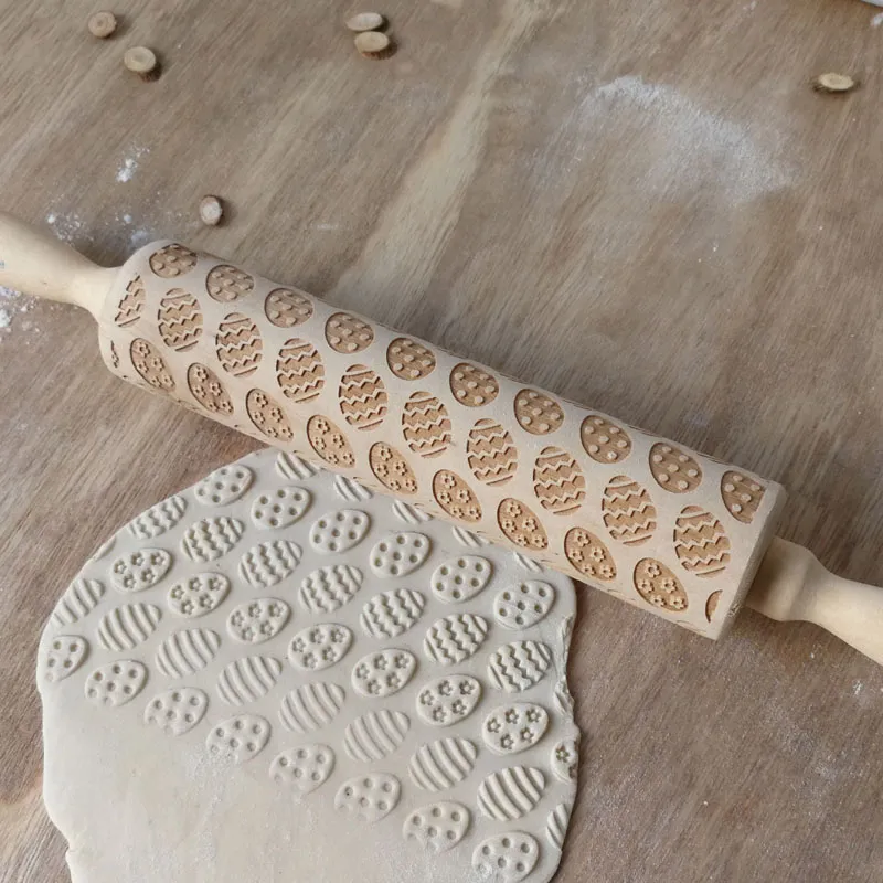 Easter Day Embossing Wood Rolling Pin for DIY Baking Cookies Noodle Biscuit Fondant Cake Engraved Stencil Rolling Pins QW9722