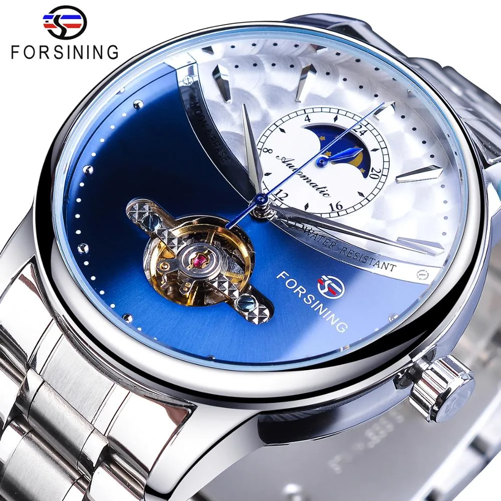 Forsining Blue Moon Phase Automatic Mens Watches Orologio da lavoro Casual Cinturino in acciaio Impermeabile Sport Meccanico Relogio Masculino