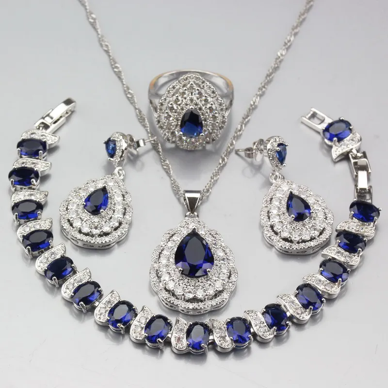 Top Quality 925 Água de Prata Gota Azul Zircon cristal branco conjuntos de jóias colar pulseira pingente brincos Anel