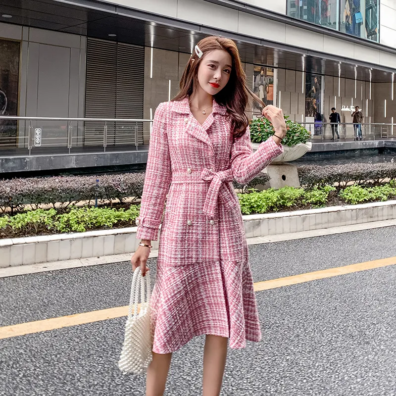 Herfst Winter Roze Plaid Tweed Wol Lange Jas Vrouwen Notched Double DRESTEDED SASHES RUFFLES Wollen overjasmeermin bovenkleding