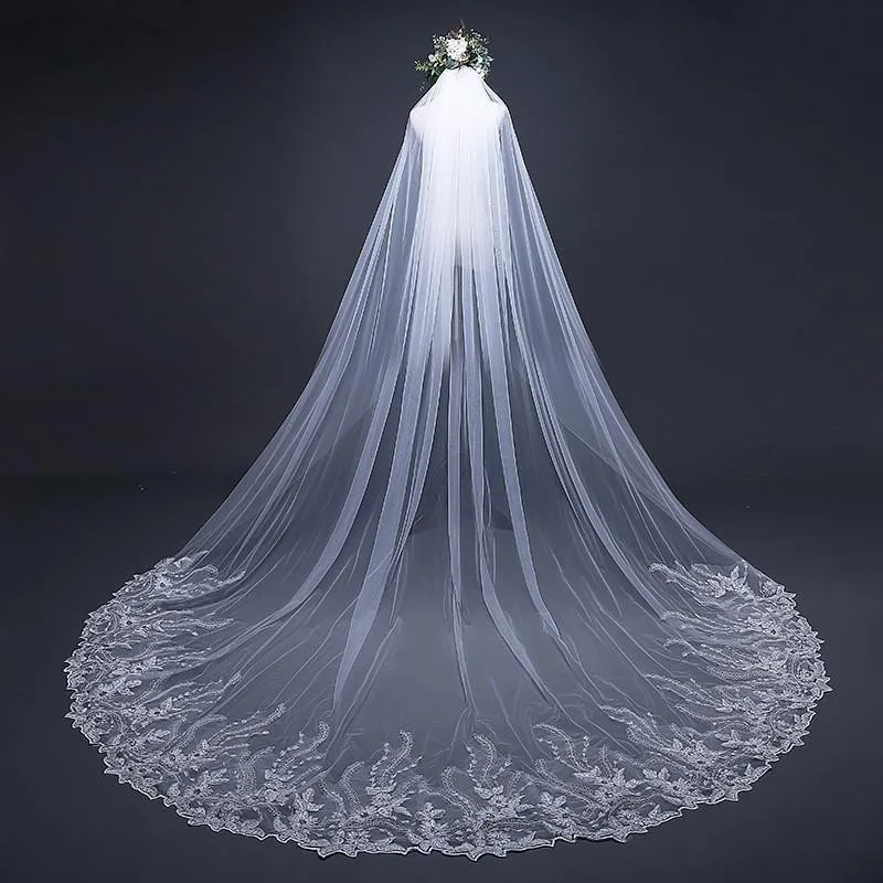 2020 veli da sposa affascinanti cattedrale lunghezza applique in pizzo sposa veli da sposa con pettini accessori per capelli velo vestido de novia