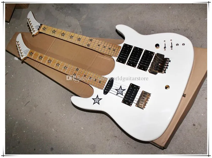 Guitare électrique 6 + 6 cordes à corps blanc à double cou avec motif pentagramme, quincaillerie dorée, touche en érable, peut être personnalisée