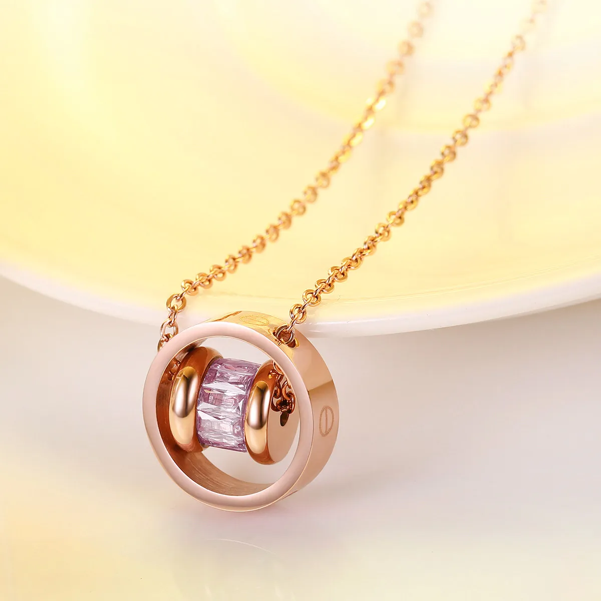 Fashion Design Rose Gold Plated Colorfast Stainless Steel Pendant Necklace Black/Purple/Red Crystal Necklaces