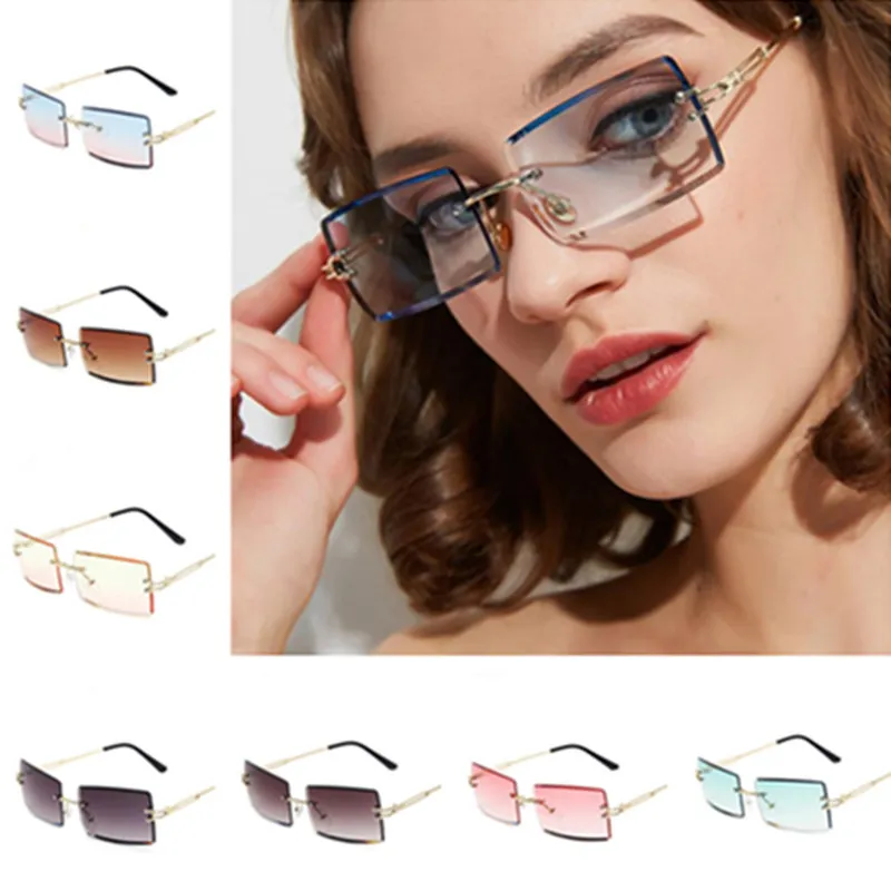 Mode femmes hommes sans monture lunettes de soleil dégradé couleur lunettes de soleil lunettes Anti-UV lunettes Rectangle lunettes lunettes A ++