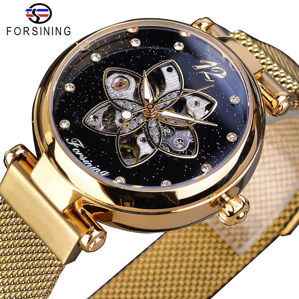 Forsining New Arrival Mehanical Womens Watch Top Brand Luxury Diamond Gold Mesh Waterproof Female Clock Fashion Ladies Watches