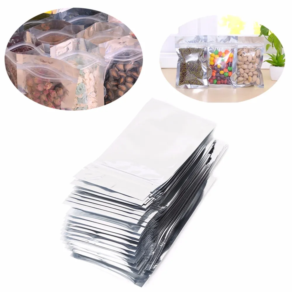 50pcs 7x13cm / 8.5x14cm / 9x16cm / 10x17.5cm prata da folha de alumínio Mylar Recloeable Bag Front Limpar Leak Proof Pouch F20