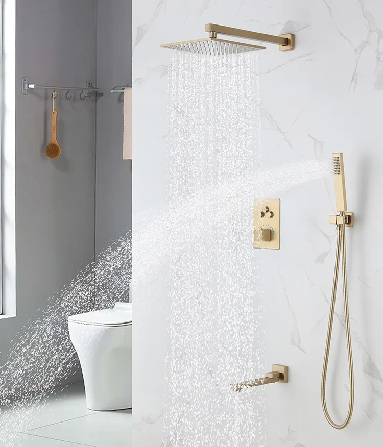 Conjunto de chuveiro completo ouro escovado fosco moderno sistema de banho montado na parede 12 polegadas chuveiro termostático válvula de botão misturador Fau220W