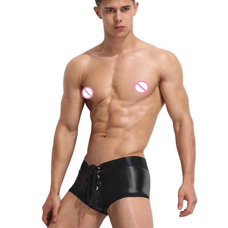 3 colores Moda Low Rise Hombres Boxer Shorts Tight Faux Leather Shorts Cordón Elástico Cintura Briefs Sexy Metallic Night Clubwear251B