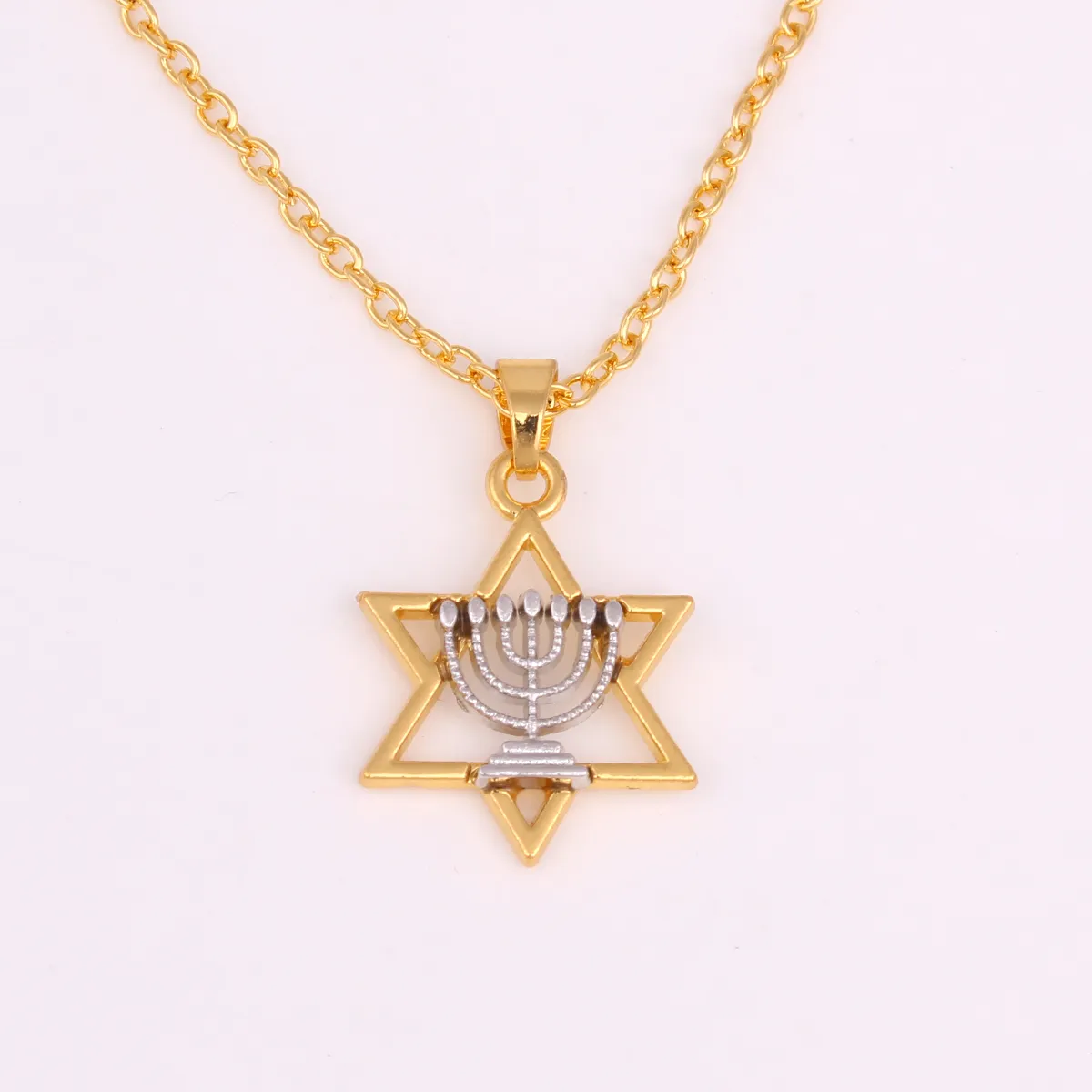 Menorah och Star of David Hexagon Charm Pendant Religiös Jewish Link Kedjan Halsband