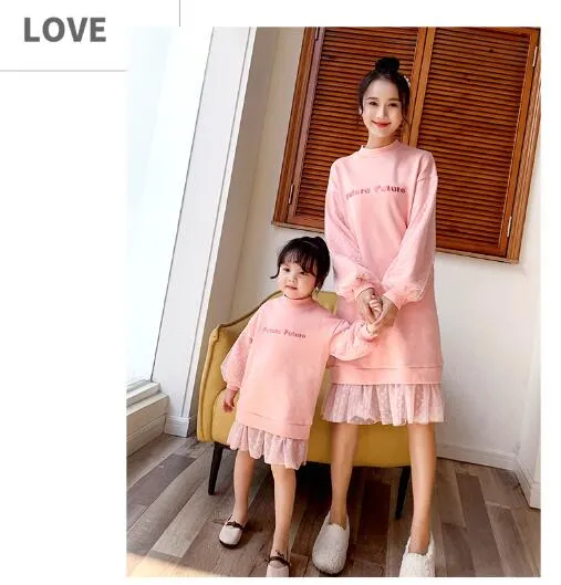 Mother Daughter Sweatshirts Dresses Love Print Family Matching Clothes Outfits Mom And Daughter Hoodies Dresses Family Clothing