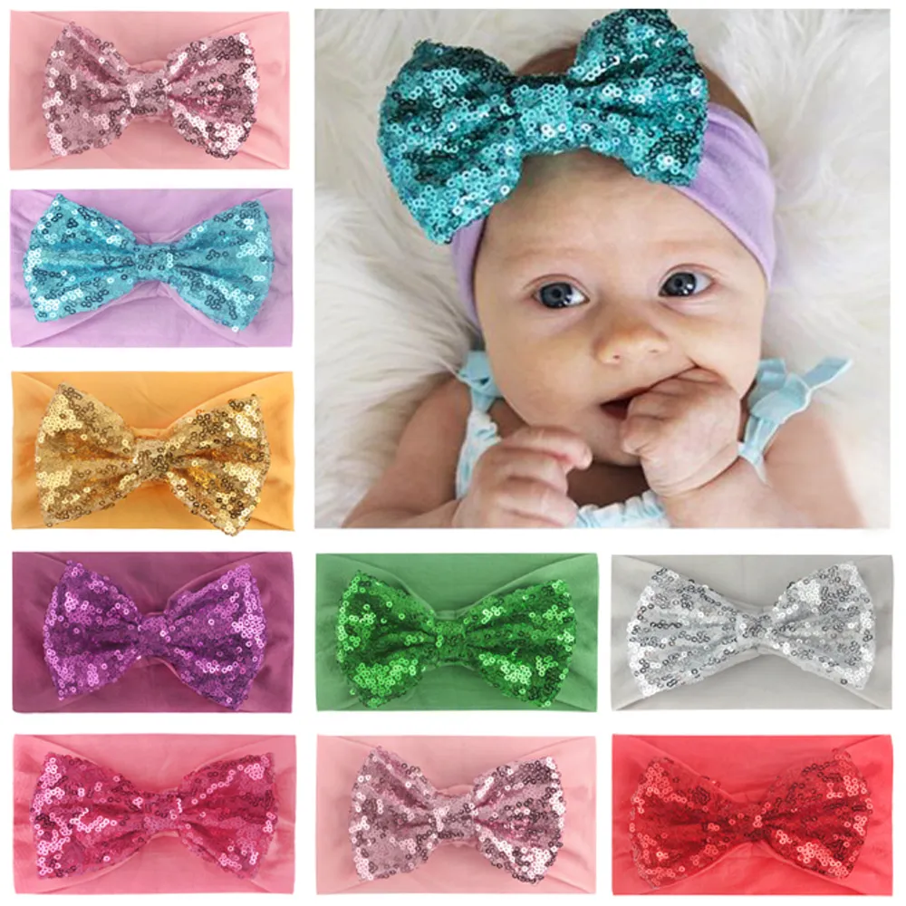 New Europe Baby Girls Big Bow Headband Kids Nylon Elastic Sequins Bowknot Hairband Children Bandanas Head Band Hair Accessory 8 Colors 14978