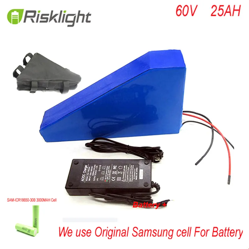 60V 25AH 18650 lithium ion batterij 60V 2000W elektrische fiets batterij driehoek tas batterij met oplader + tas + BMS voor Samsung cel