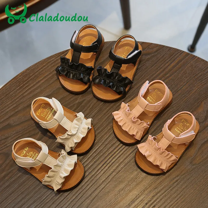 Claladoudou 12-16CM Kids Sandals 2019 Pink Beige Pure Summer Girls Sandal Ruffles Princess Shoes Anti-Slip Baby Sandal Toddler