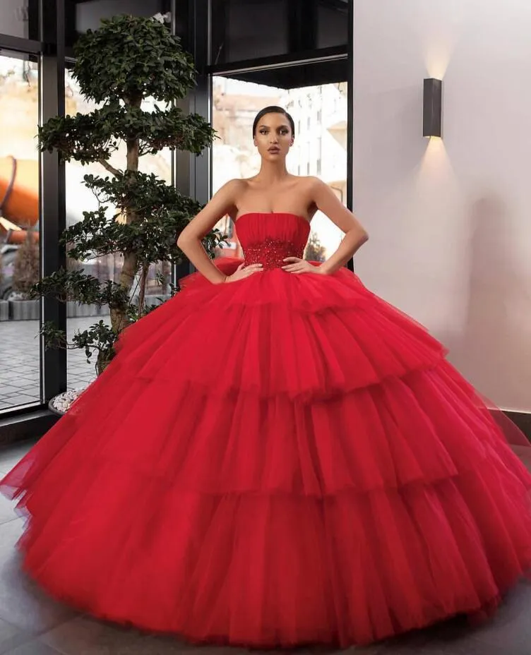 Vestidos De quinceañera vestido De baile rojo 2020 nuevo sin tirantes De tul dulce 16 Vestidos De fiesta De cumpleaños plisados De talla grande Vestidos De 15