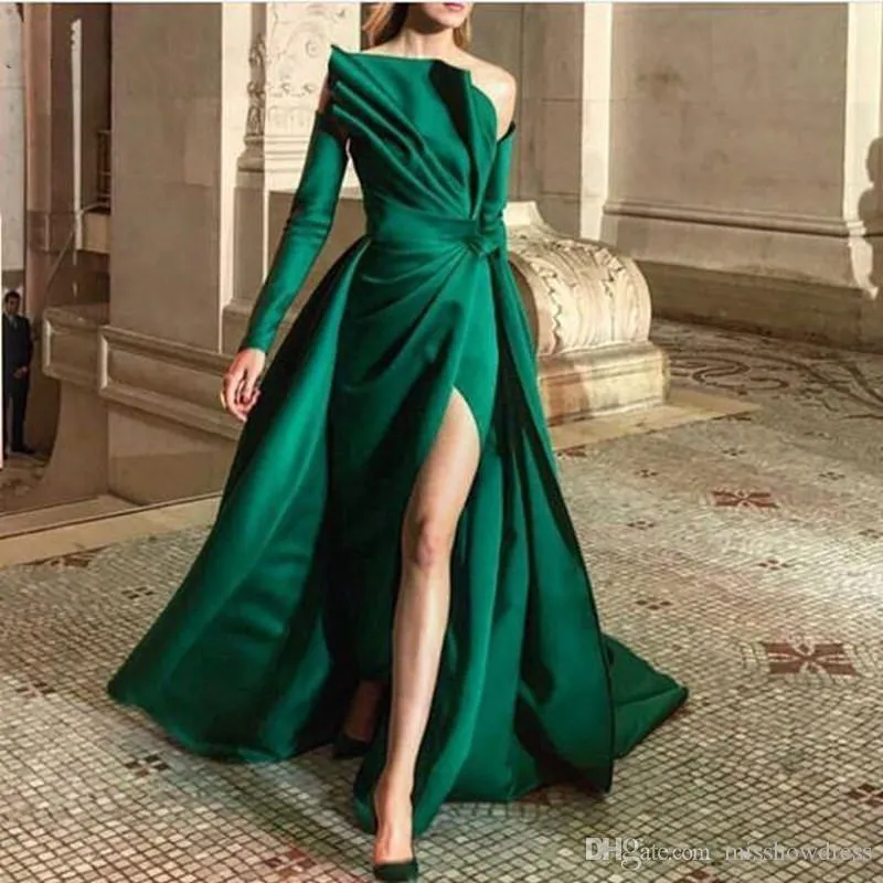 Elegant mörkgrön satin sjöjungfru aftonklänningar från axeln långa ärmar ruched split golvlängd prom klänningar svart flickor fest klänning 2024