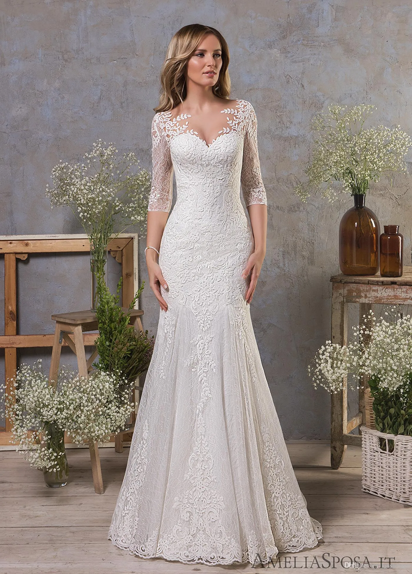 New Mermaid Lace Bröllopsklänningar Abiti da Sposa Elegant Tre Kvartär Äreve Bröllopklänningar Sheer Illusion Neck Formell Dress Vestidos de Novia