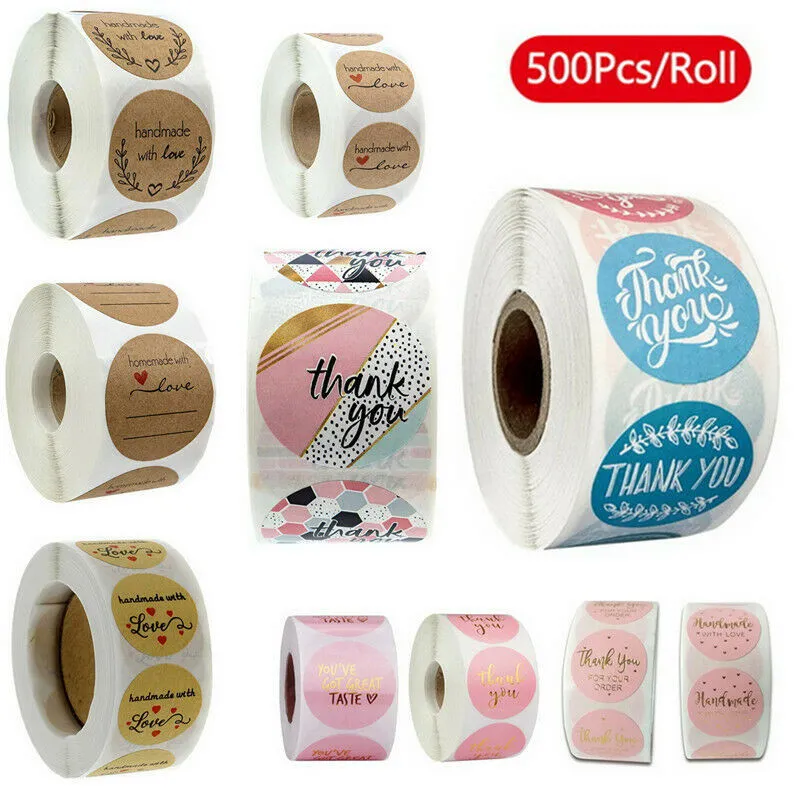 500pcs/roll 10 Styles Flowers Heart Thank You Adhesive Sticker Scrapbooking Handmade Business Packaging Seal Decoration Stickers