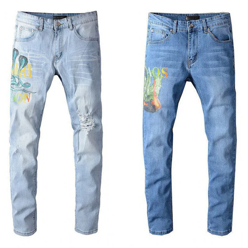 Fashion- Designer Jeans Distressed zipper Hole Jeans High Quality Casual Jeans Men Skinny Biker Pants Blue Size 28-40