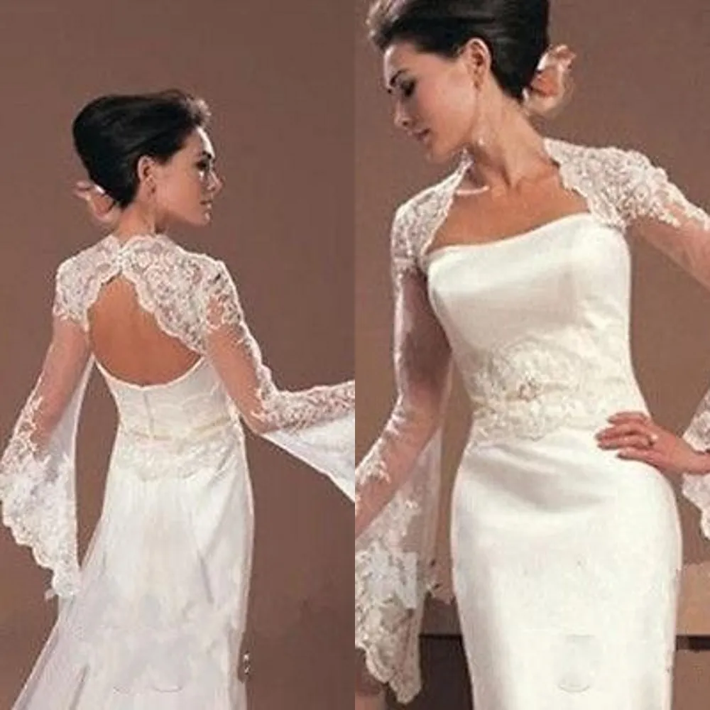 Billiga Vintage Bridal Bolero Jacket Sjal Vit Elfenben Trumpet Långärmad Snörning Applikationer Illusion Öppna Back Formella Bridal Wraps Plus Storlek