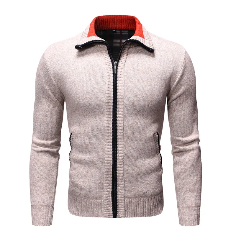 dos homens camisola da juventude Outono e Inverno Casual Sólidos Fique Collar mangas compridas Cardigan Mais de homens espessamento de veludo cor