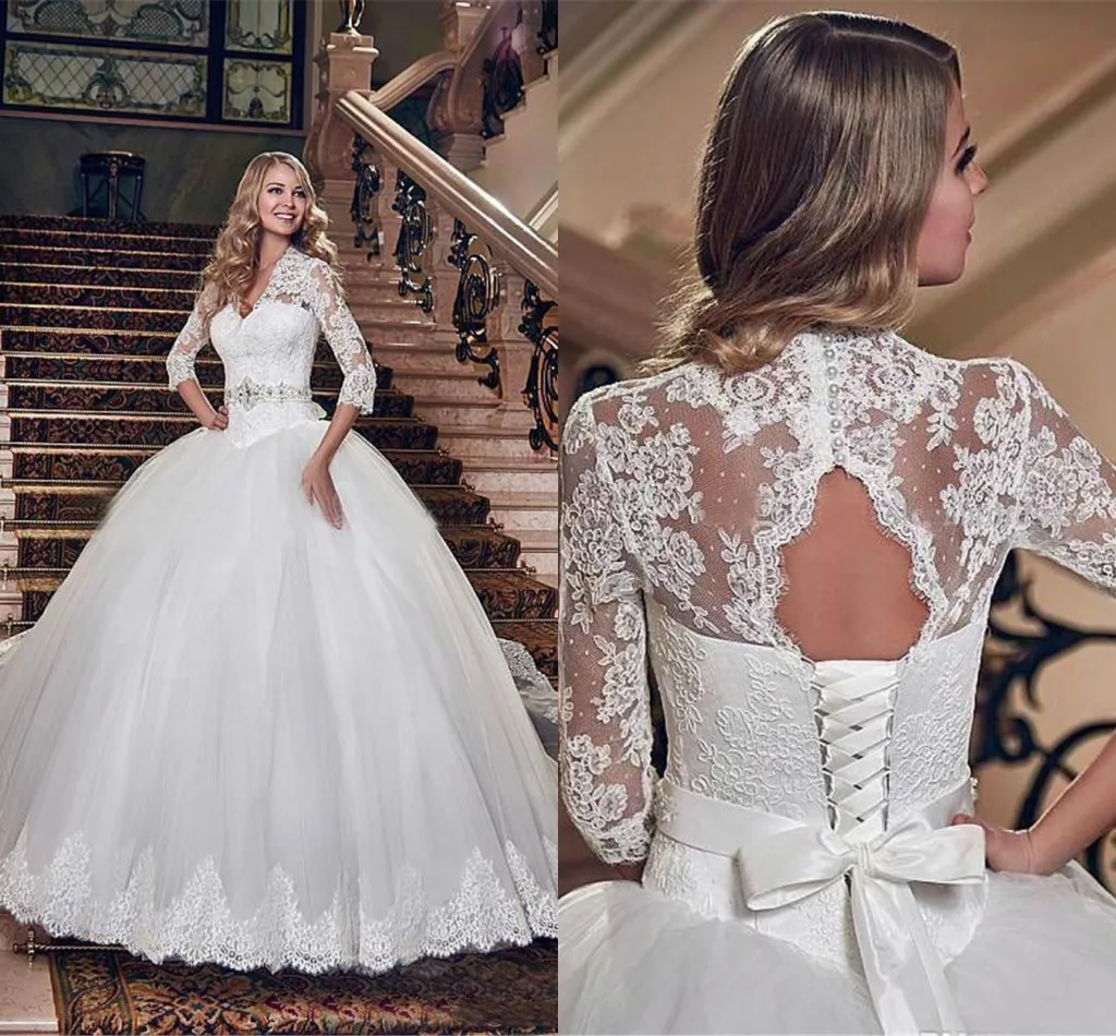 Sleeve Lace V Long Neck Ball Gown Wedding Dresses Vintage Puffy Tulle Princess Church Bridal Glowns Lace -Up Back Plus Size Vestidos Al4564 Intage S -Up Estidos 0418