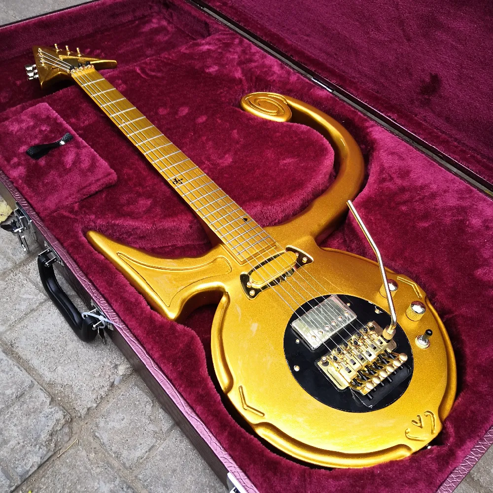 Unik Dream Guitar av Jerry Auerswald Diamond Series Prince Love Symbol Gold Electric Guitar Floyd Rose Tremolo Bridge, Svart Pickguard