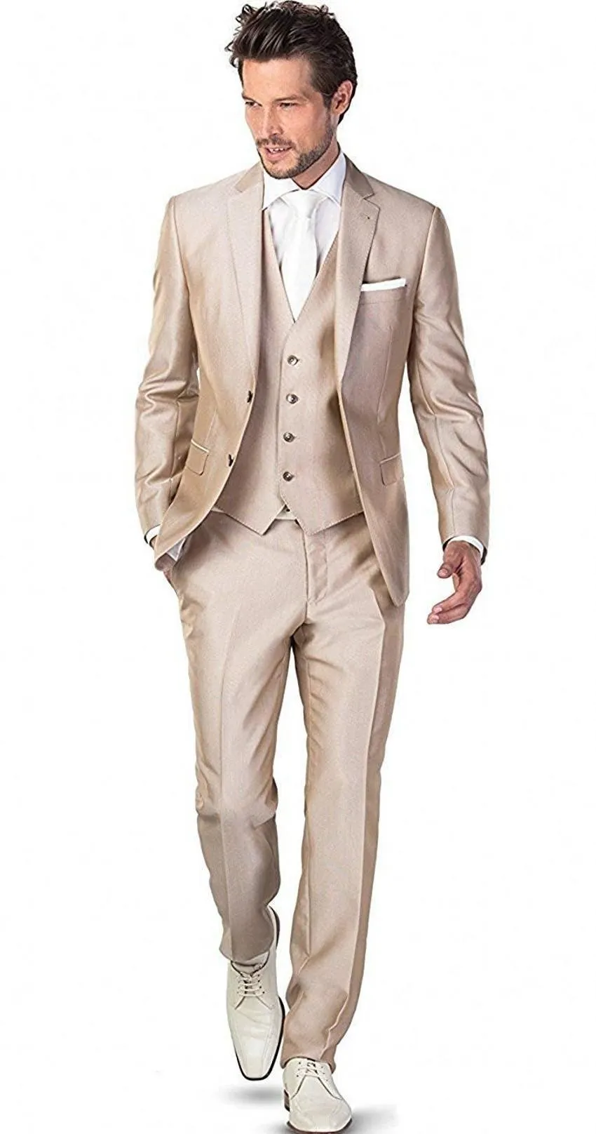 Mode deux boutons Champagne mariage hommes costumes cran revers trois pièces affaires marié Tuxedos (veste + pantalon + gilet + cravate) W1022