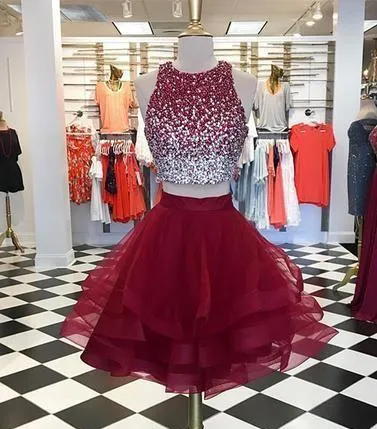 New Short Burgundy Prom Dress 2019 Two Pieces Jewel Neck Bling Beaded Bodice Ruffles Skirts Organza Homecoming Party Dresses Gowns269E