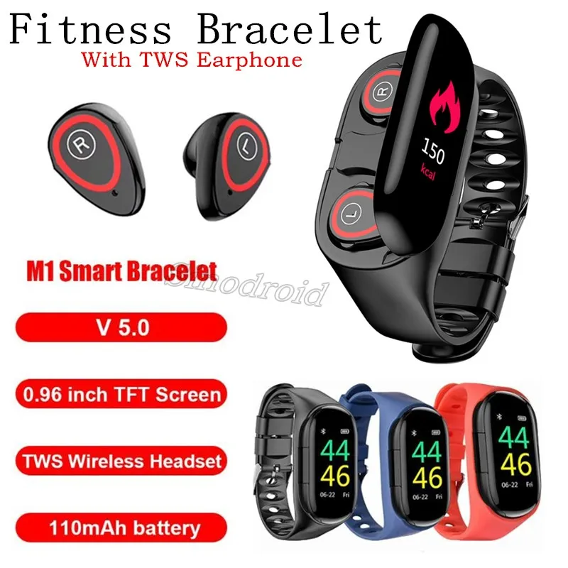 M1 TWS duplo fone de ouvido Bluetooth AI Smart Bracelet Watch Men Monitor de freqüência cardíaca Smart Wrist de longa data Sport Sport Watch