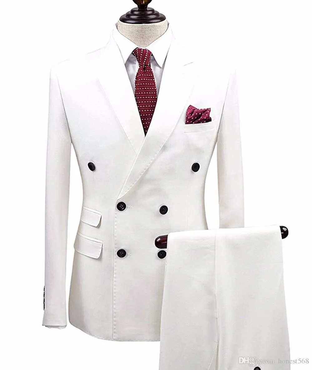 Tani i drobny podwójny Groomsmen Peak Lapel Groom Tuxedos Men Suits Wedding / Prom / Dinner Best Man Blazer (Kurtka + Spodnie + Krawat) A579