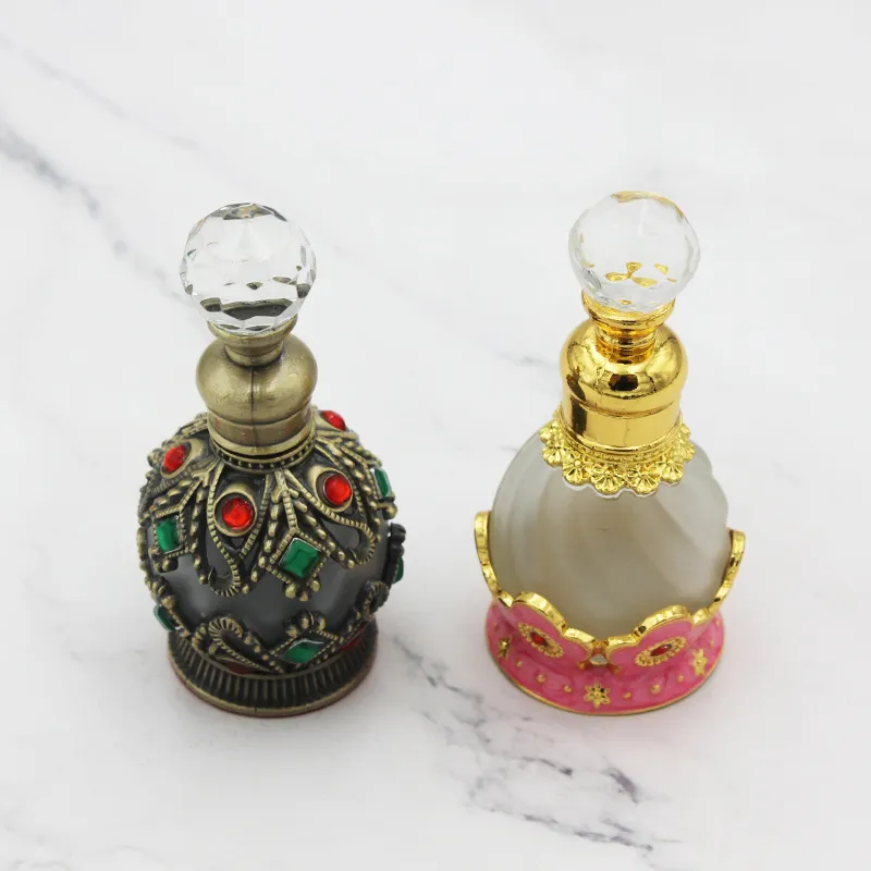 15ML Portable Travel Perfume Bottle Refillable Glass Middle East Fragrance Essential Oil Container with Crystallites Glued