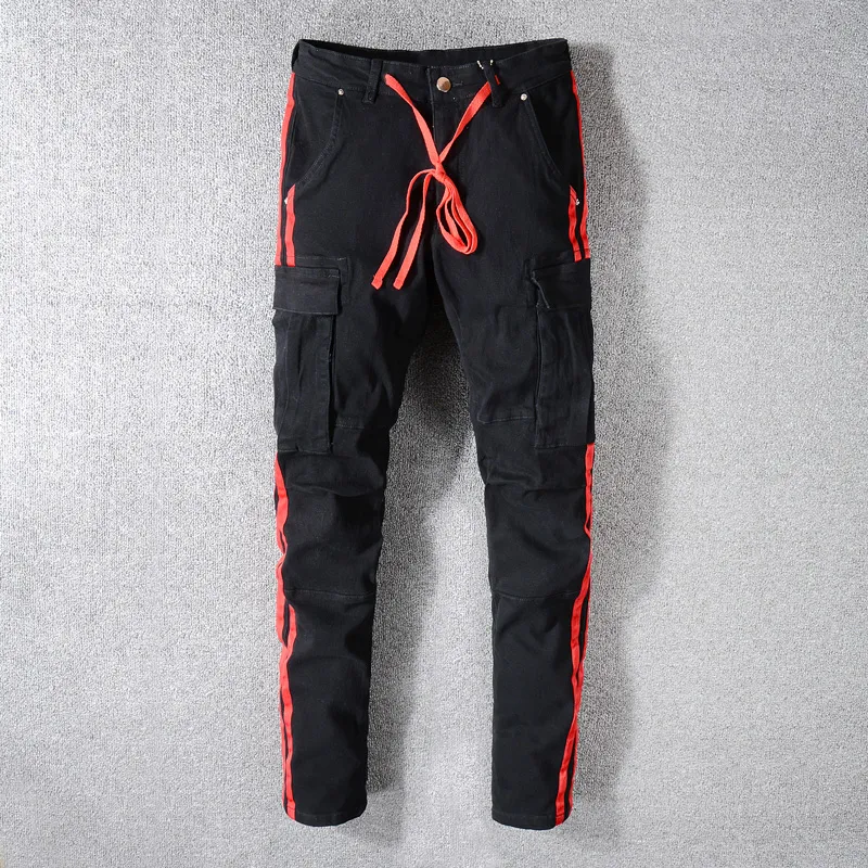Slim Fit Hip Hop Jeans: Black Denim Cargo Pants with Drawstring Red  Shop Now!