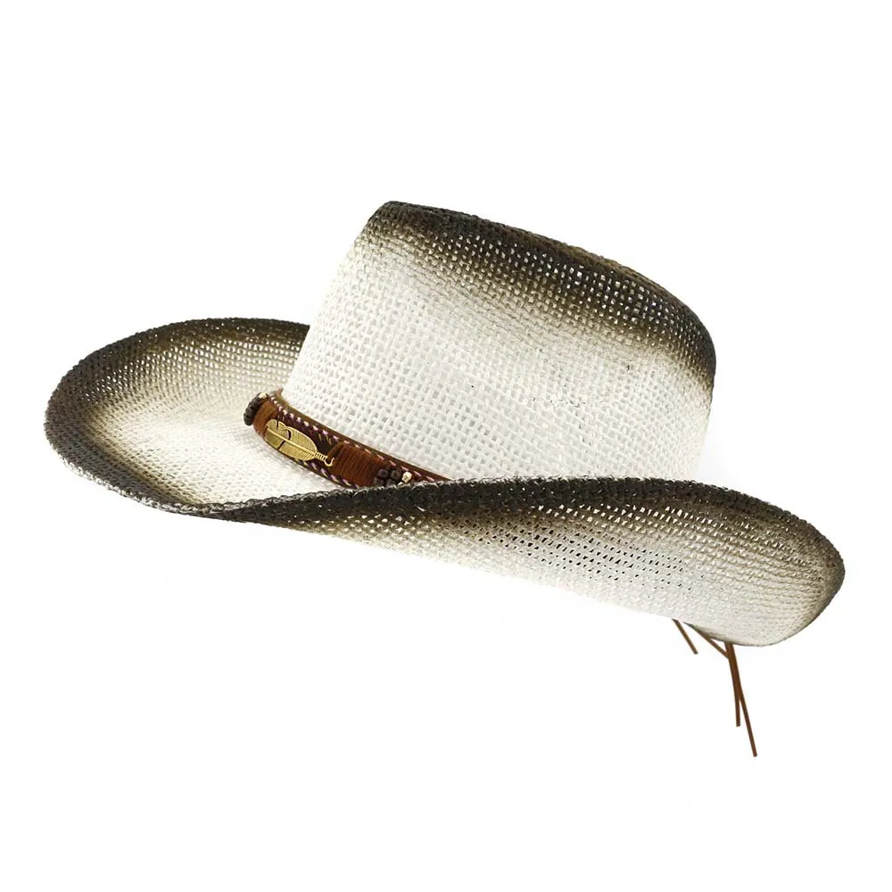 Sommar svart spray färg andningsbara kvinnor damer panama papper strå hatt läder dekor bred stor brim visor cap beach cowboy hatt