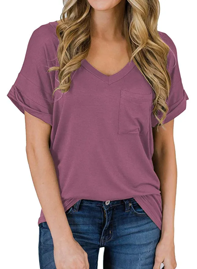 Kvinnor Kortärmad T Shirt Bomull Solid V Neck Tee Lady Casual Loose Blouse With Pocket