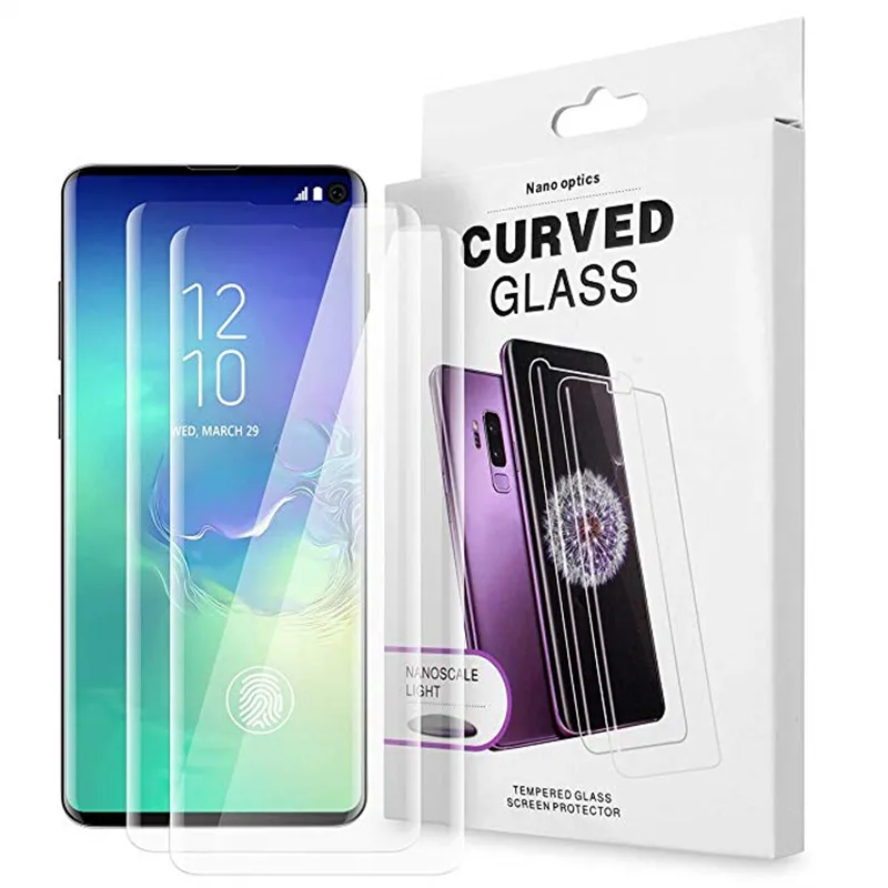 Full Adhesive Case Friendly 3D Curved Screen Protector Tempered Glass With UV Light For Samsung S24 S23 Ultra S22 S21 S20 S10 S9 Plus S8 Note 20 10 9 8 And Retail Package