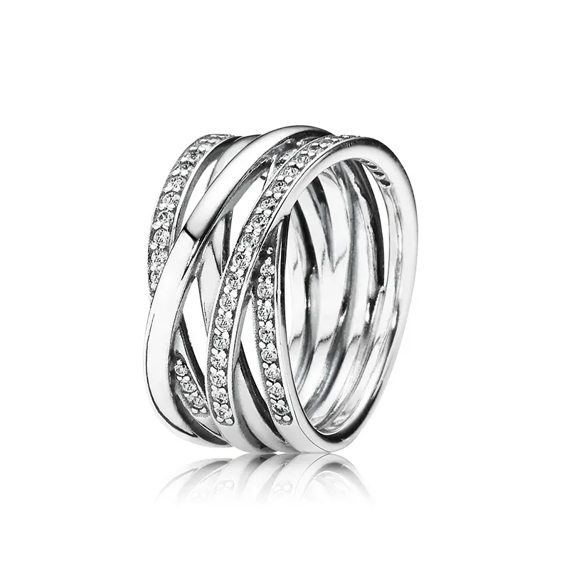 Mousserande polerade linjer Ring Originalbox för Pandora 925 Sterling Silver Kvinnor Mens Bröllopsringar Ställer Julklappar Smycken