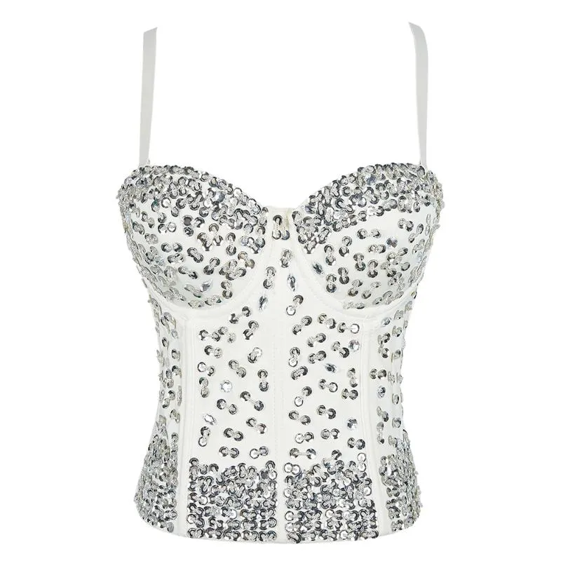 Dames Tanks Camis Dames Sexy Rhinestone Kralen Top Wit Mouwloze Bustier Tops Club Party Corset Long Vest Rave Festival