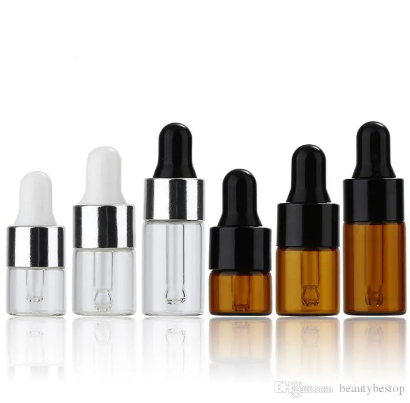 1 ml 2 ml 3 ml mini glazen druppelaar fles duidelijke amber kleine glazen monster flessen met zwarte zilveren dop voor parfum cosmetische e vloeistof