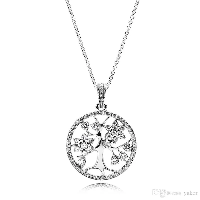 NEW 925 Sterling Silver CZ Diamond family tree Pendant Chain Necklace Logo Original Box for Pandora Crystal Necklace for Women Men