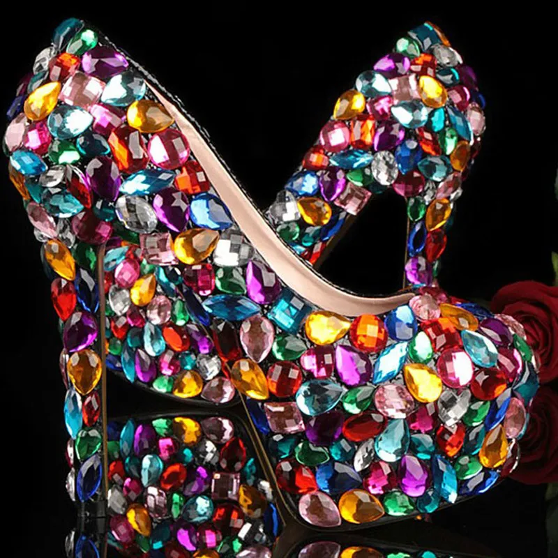 Zapatos de boda multicolores a la moda con purpurina de cristal, zapatos de noche de tacón alto con plataforma para mujer, zapatos de vestir de baile para discoteca para mujer de talla grande