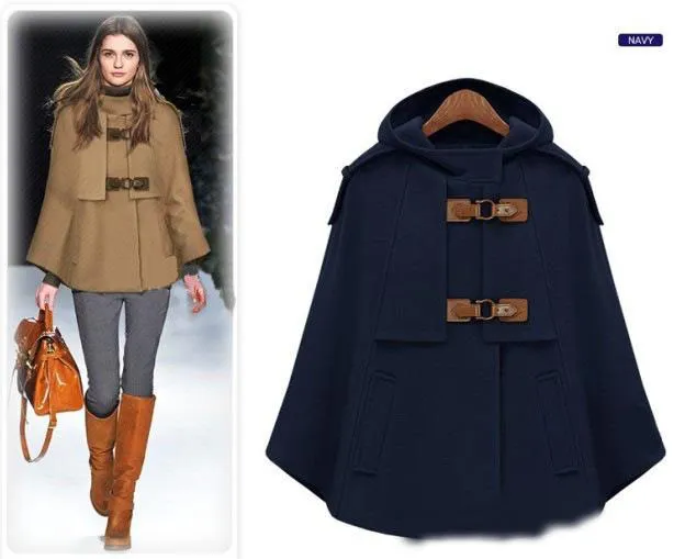 Dark Blue Cape Coat Luxury Steampunk Style Wool Short Jacket With