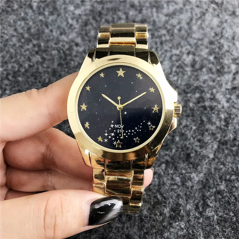 Fashion Brand Armbanduhr für Damen, Mädchen-Stern-Stil, Stahl-Metallband, Quarzuhren TOM6501-1