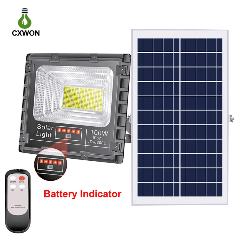 업그레이드 된 태양 광 홍수 조명 100W 200W 300W 스포트 라이트 워터 루프 알루미늄 가든 거리 야외 LED 벽 램프가있는 원격 컨트롤러